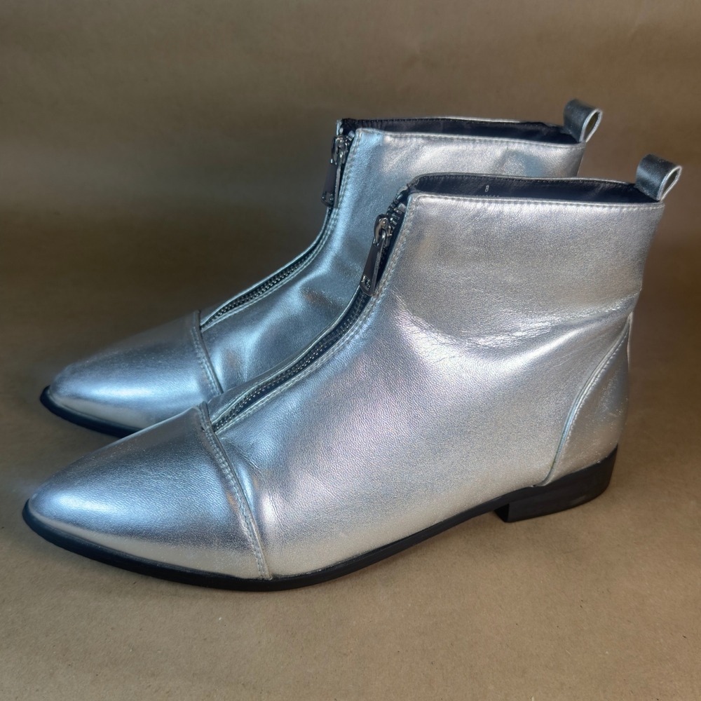 ASOS Silver Metallic Front Zip Pointed Toe Ankle Boots Size 8
